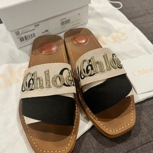 Classic Woody Chloe Flat Espadrilles. Gold/white/black logo